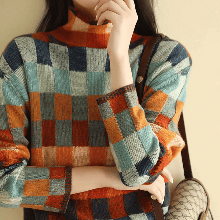Women's comfy turtleneck sweater with unique patchwork design, perfect for chic autumn/winter looks.