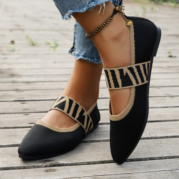 Women's chic patterned ballet flats with pointed toe. Elegant slip-on fashion footwear for versatile style.