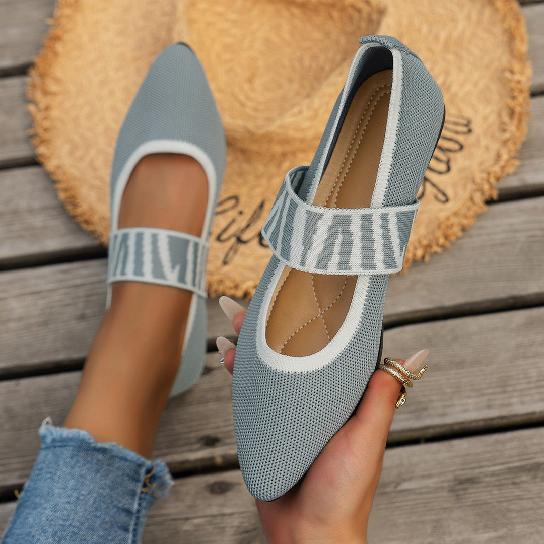 Fashionable women's patterned ballet flats with a sleek pointed toe. Comfortable and elegant slip-on footwear.