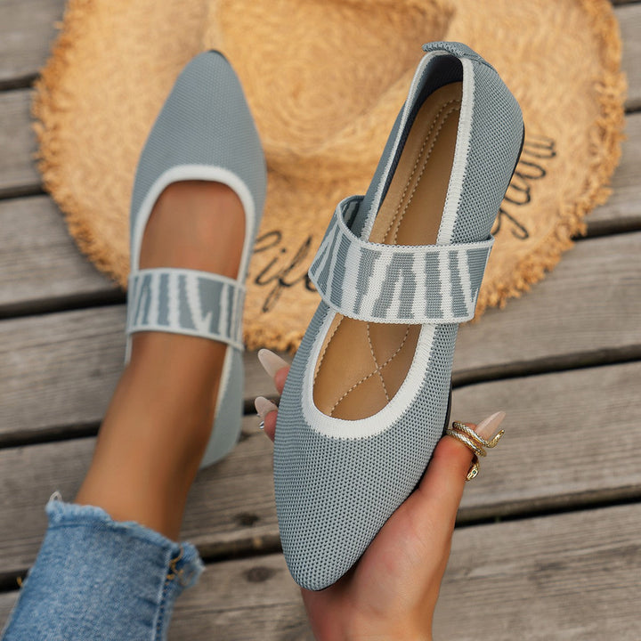 Fashionable women's patterned ballet flats with a sleek pointed toe. Comfortable and elegant slip-on footwear.