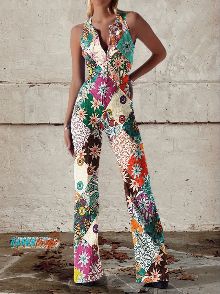 Women's chic patterned sleeveless jumpsuit with a flattering flared leg. Perfect for summer casual wear or holidays.