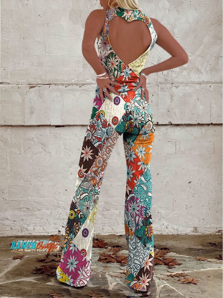 Stylish women's sleeveless one-piece jumpsuit with vibrant pattern and trendy flared legs. Ideal for summer holidays.