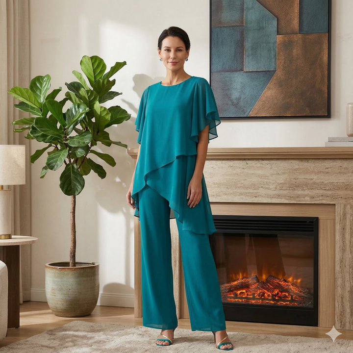 Chic women's relaxed two-piece set. Effortless style with a layered top & comfortable wide-leg pants.