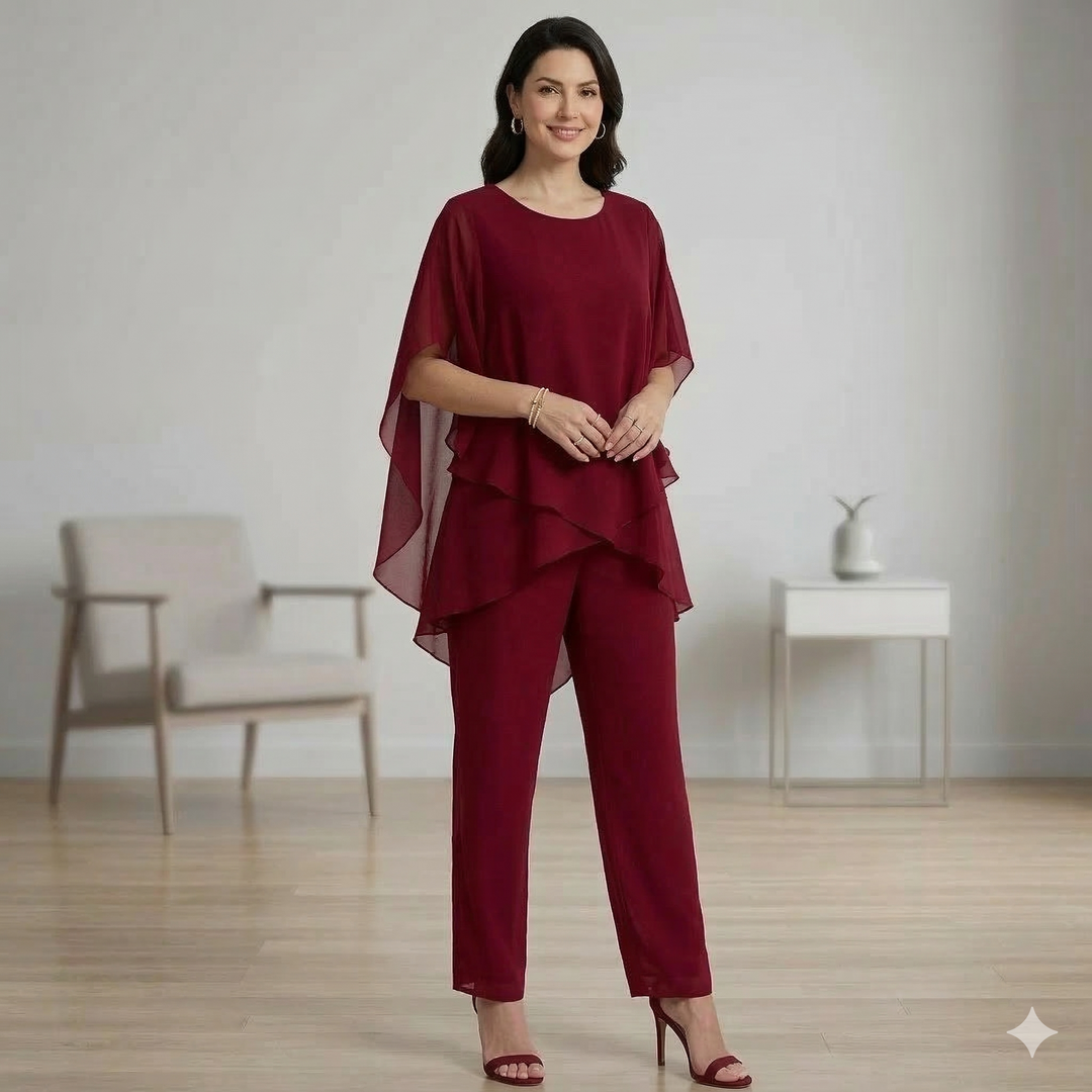Women's comfortable & chic two-piece set. Relaxed layered top & wide-leg pants for spring office or casual.