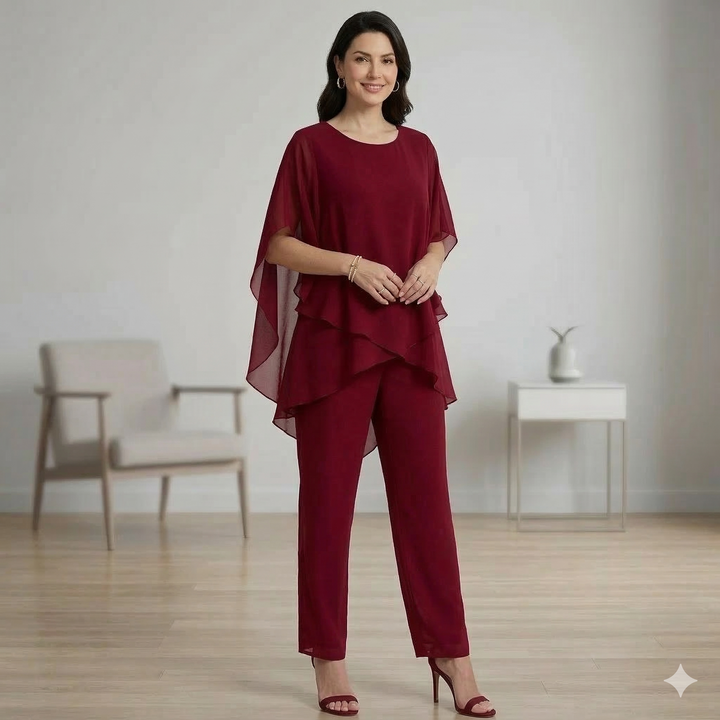 Women's comfortable & chic two-piece set. Relaxed layered top & wide-leg pants for spring office or casual.