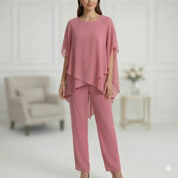 Women's elegant two-piece loungewear. Relaxed layered blouse & wide-leg trousers for comfort & style.