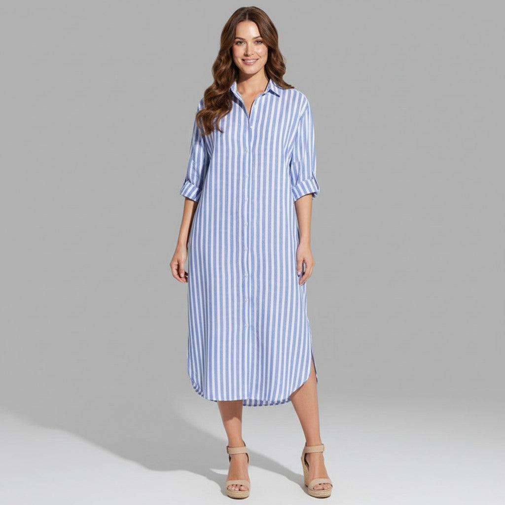 Women's chic shirt midi dress with long sleeves, elegant and versatile for work or casual wear.