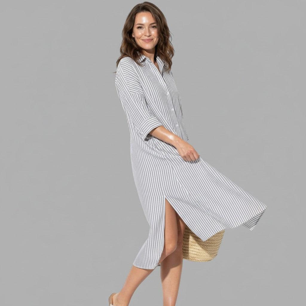Elegant women's tailored midi shirt dress, perfect versatile dress for any occasion.