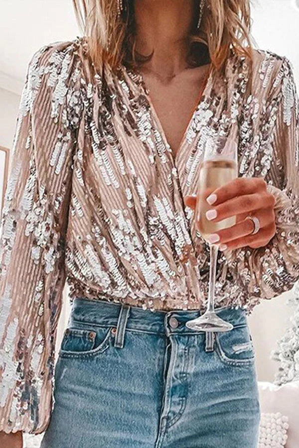 Stylish women's silver party top; a chic, versatile long-sleeve blouse for elegant evening and casual wear.