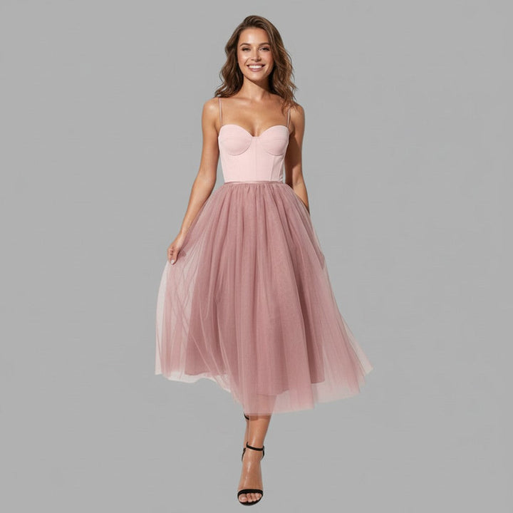 Flattering fit women's elegant tulle midi party dress, perfect for evenings.