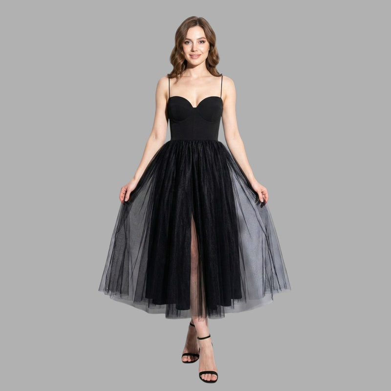 Sleeveless formal tulle midi dress for women, ideal for special occasions.