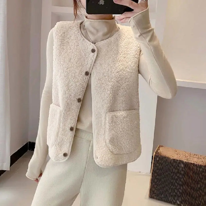 Women's stylish sleeveless V-neck vest. Button-front cardigan with pockets, perfect for everyday chic.
