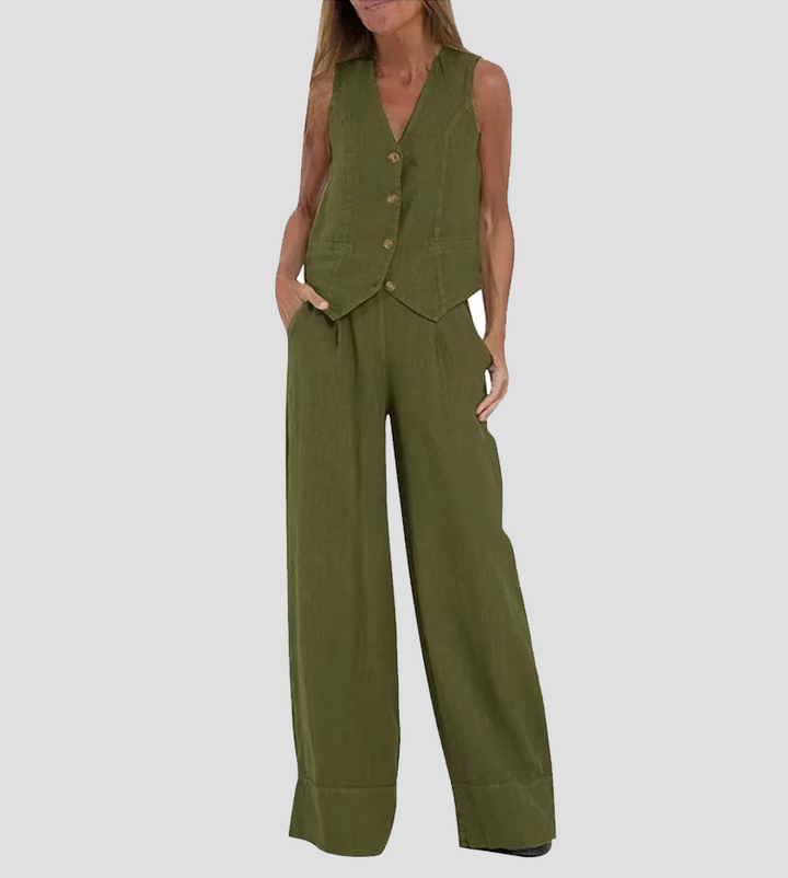 Versatile women's sleeveless V-neck wide-leg trouser set, ideal for various chic events.