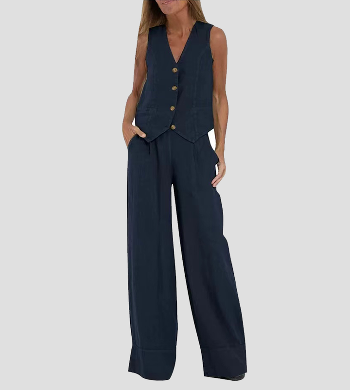Sleek women's sleeveless V-neck wide-leg trouser set, a must-have fashion two-piece co-ord.