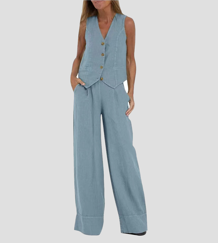Beautiful women's sleeveless V-neck vest and wide-leg trousers, an elegant two-piece fashion set.