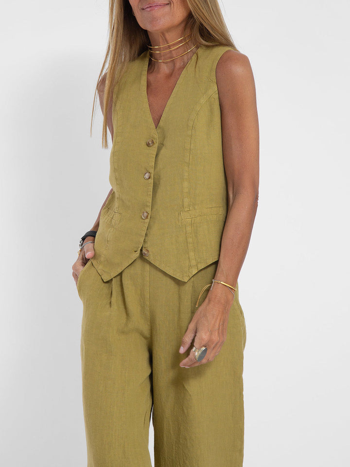 Women's elegant trouser set, a versatile sleeveless V-neck two-piece for chic occasions.