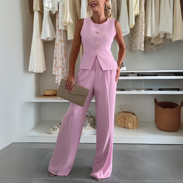 Elegant women's matching sleeveless vest & straight-leg pants set; perfect for business casual and summer.