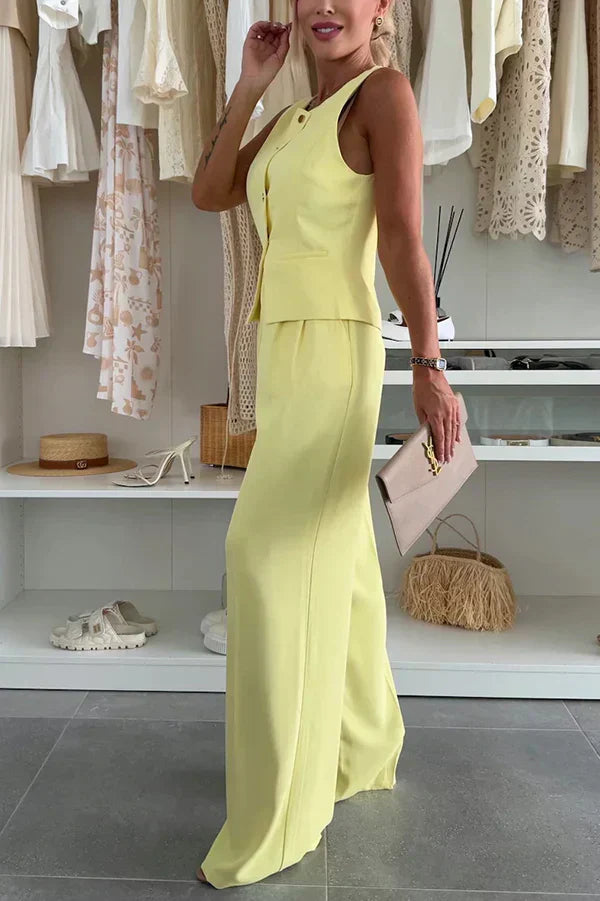 Versatile women's sleeveless vest & straight-leg pants co-ord set, perfect for elegant wear or summer outfits.