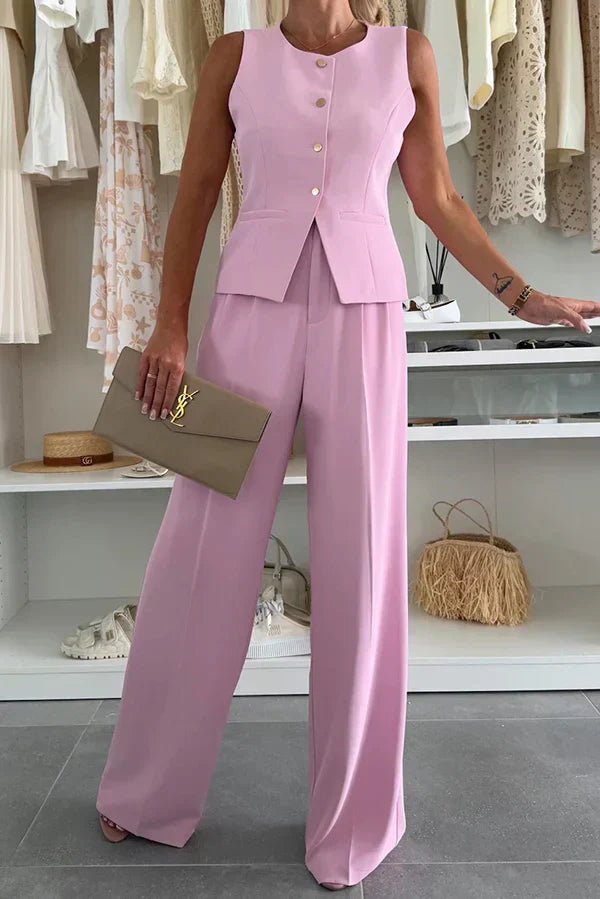 Women's elegant button-front sleeveless vest and straight-leg trousers set; a modern two-piece apparel.