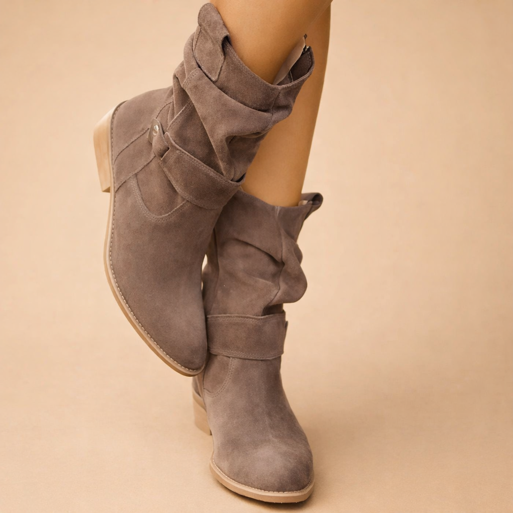 Comfortable women's slouch buckle ankle boots. Versatile winter footwear for an elegant or casual look.