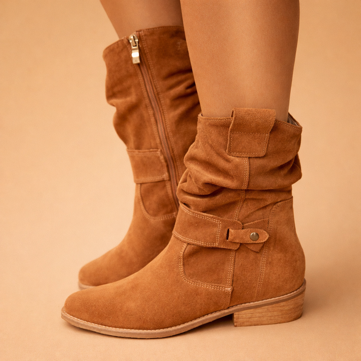 Women's casual slouch ankle boots featuring stylish buckles. Perfect chic winter footwear for everyday wear.
