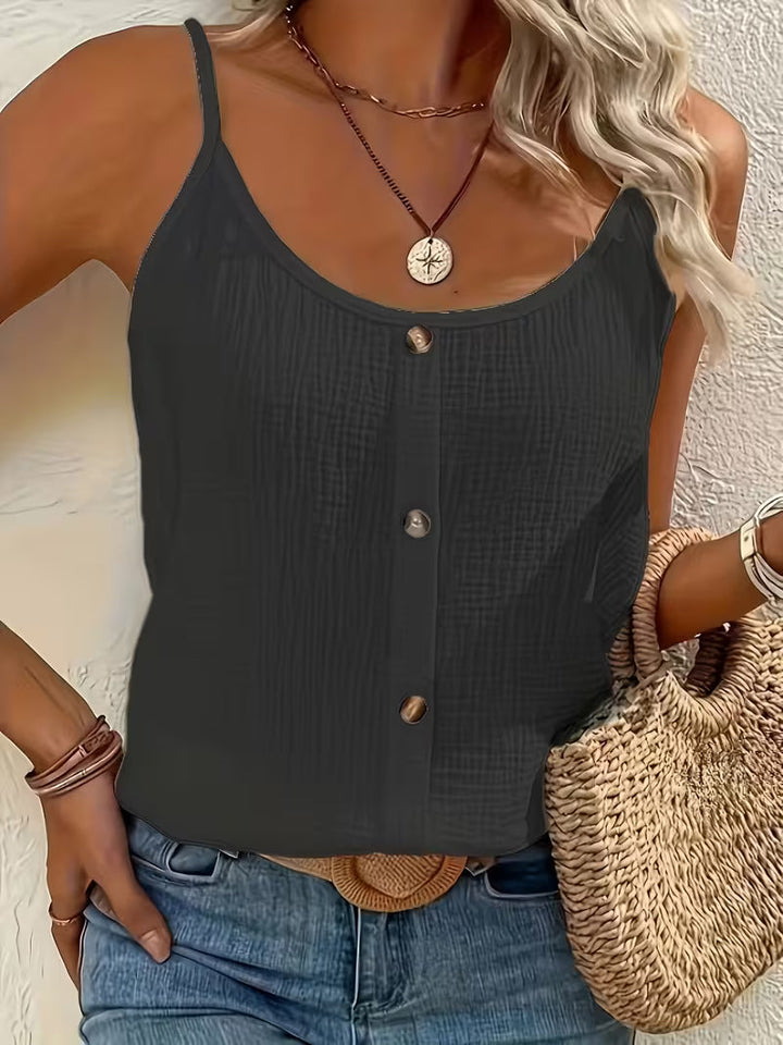 Women's chic strap button-front blouse, elegant and versatile for summer fashion.