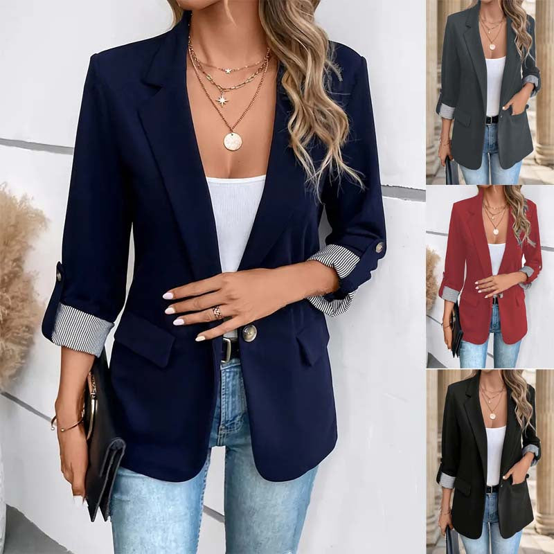 Women's chic striped blazer with lapel collar & button closure, perfect for office wear.