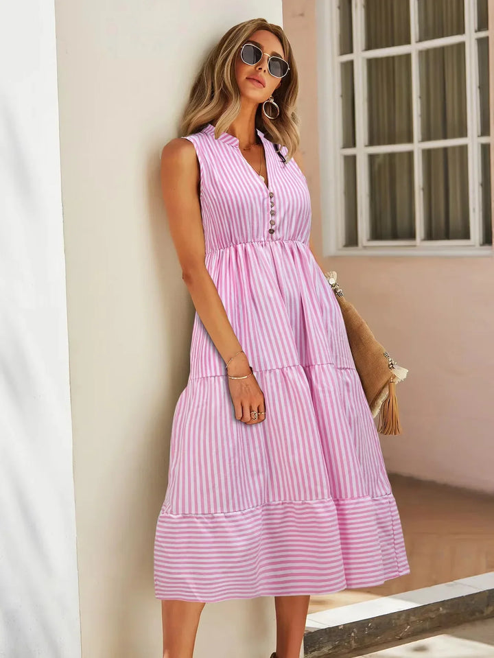 Comfortable women's striped midi dress, sleeveless design for chic summer fashion and vacation wear.