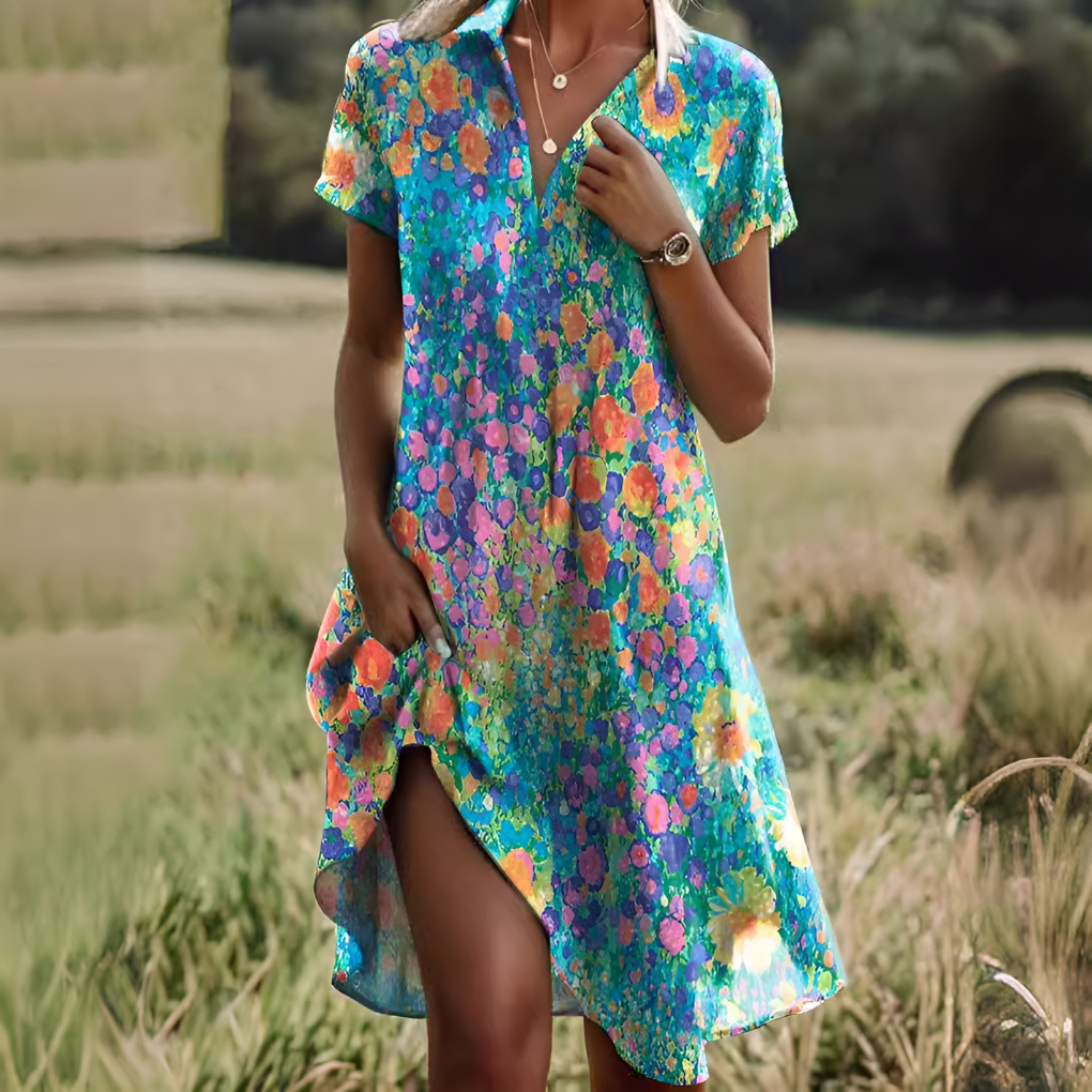 Lightweight women's flowy summer dress, a comfortable scoop neck midi perfect for warm weather.
