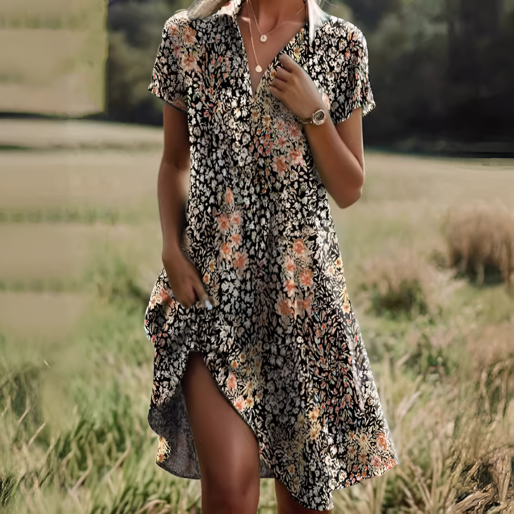Woman enjoying a sunny day in a chic, comfortable, flowy summer midi dress with scoop neck.