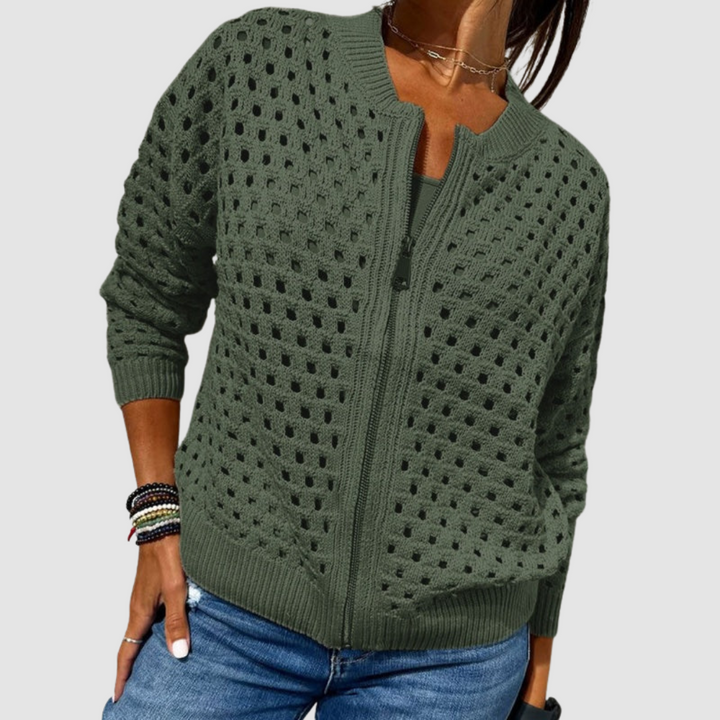 Women's elegant textured zipper cardigan featuring a unique hollow design.