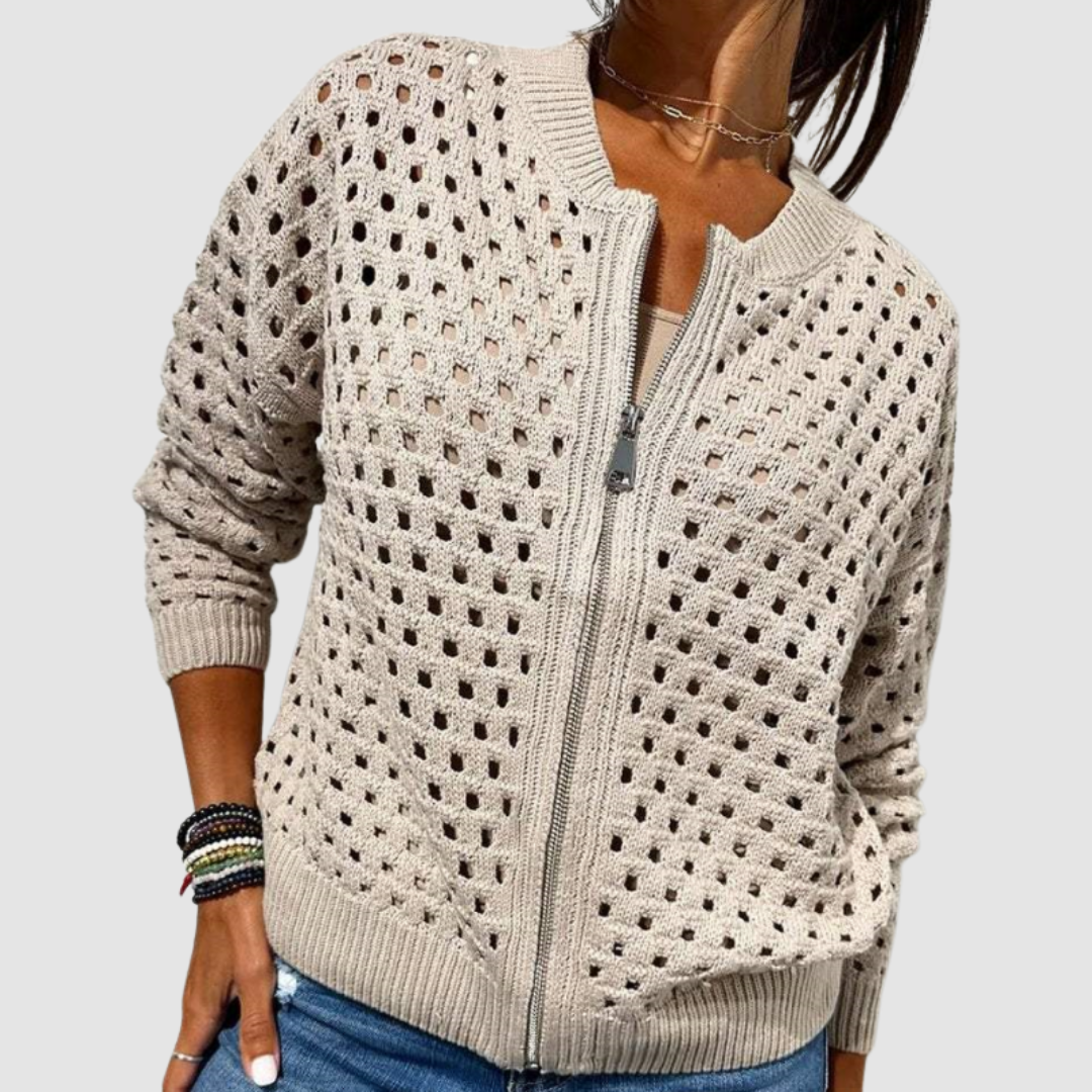 Women's fashion long sleeve textured zipper cardigan with an elegant hollow design.