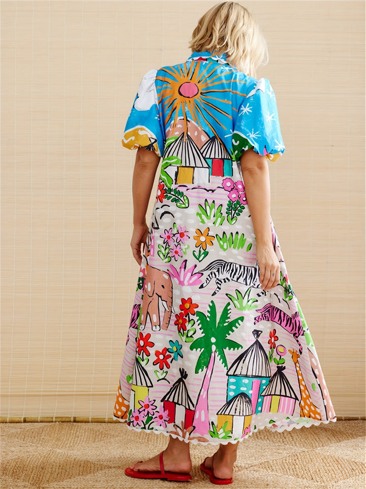 Women's chic tropical print midi dress with lapel neckline & adjustable waist. Elegant summer vacation wear.