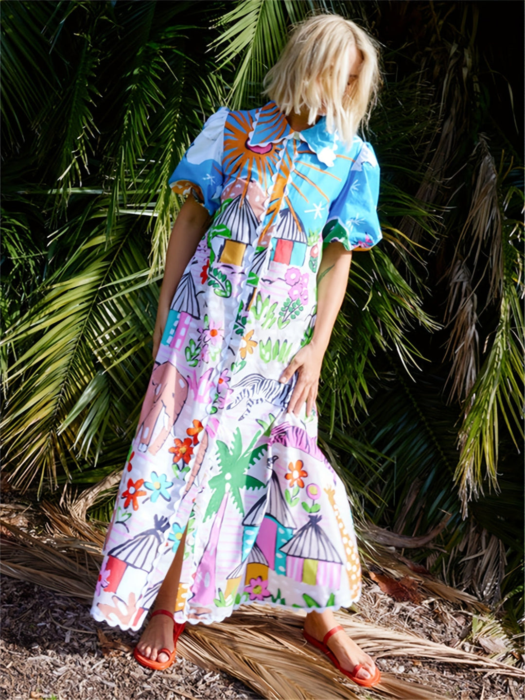 Comfortable women's tropical midi dress with adjustable waist for a perfect summer fit. Elegant & versatile.