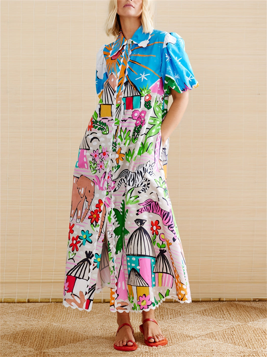 Chic women's tropical print midi dress featuring lapel neckline & adjustable waist. Ideal elegant summer fashion.