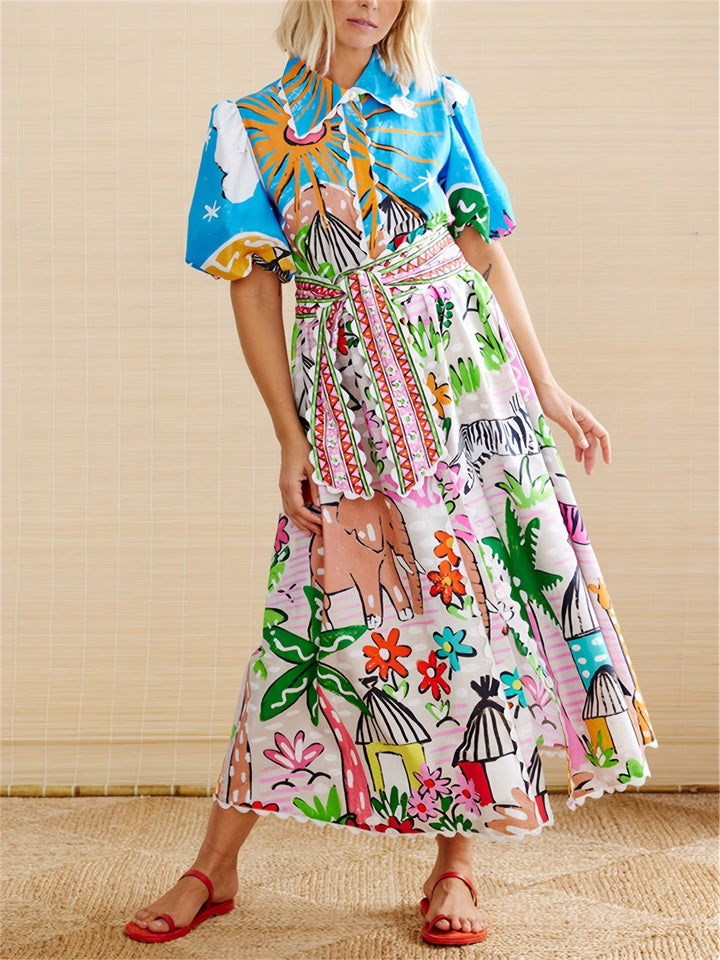 Woman walking in a chic tropical print midi dress, perfect for summer vacation. Elegant and versatile style.