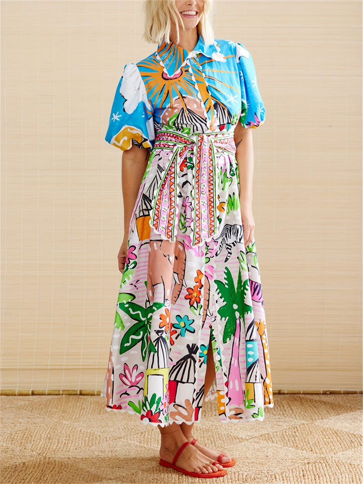 Close-up of vibrant tropical print fabric on a chic women's midi dress. Elegant summer fashion.
