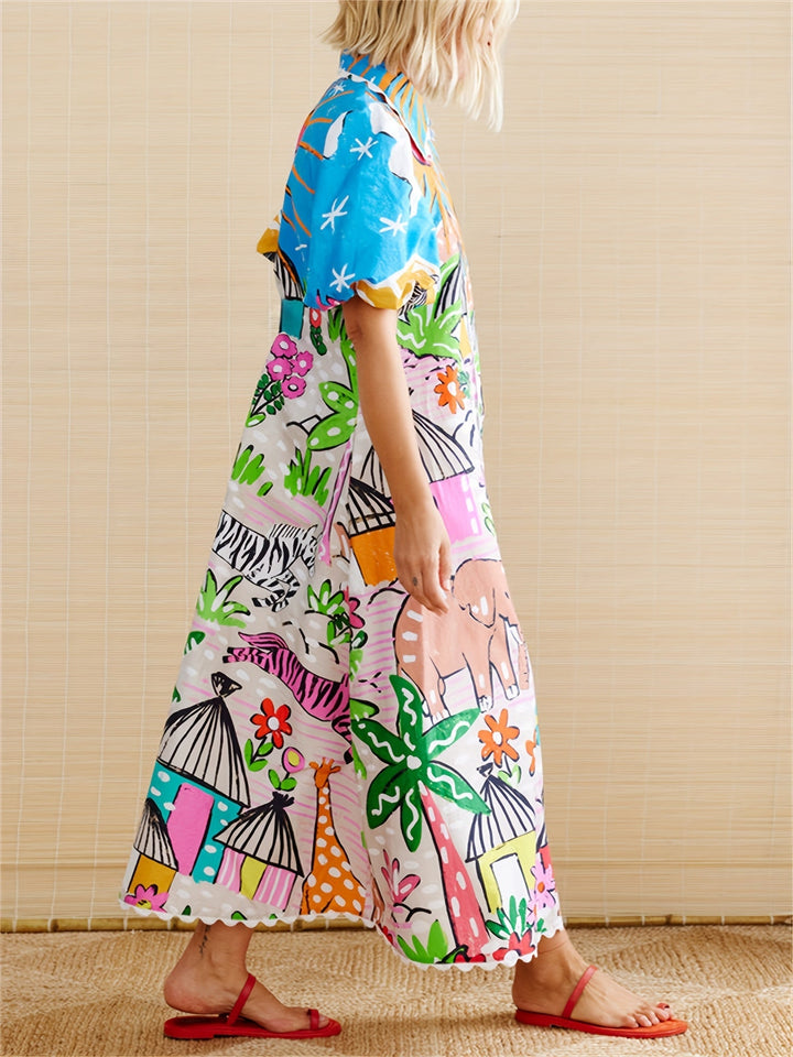 Back view of women's chic tropical midi dress, highlighting flowy fabric & elegant silhouette. Summer vacation.