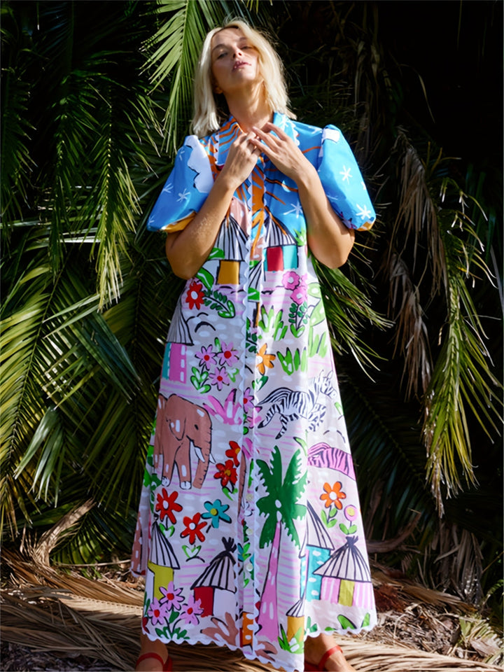 Women's tropical midi dress with a sophisticated lapel neckline & adjustable waist. Chic elegant summer fashion.