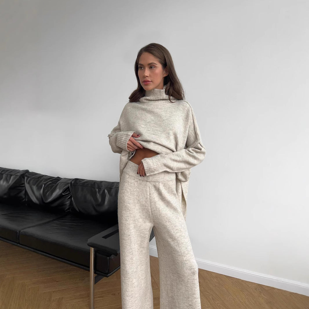 All-season women's turtleneck lounge set; comfortable oversized sweater and flowing wide-leg pants.