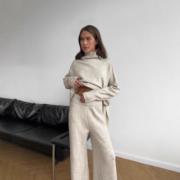 All-season women's turtleneck lounge set; comfortable oversized sweater and flowing wide-leg pants.