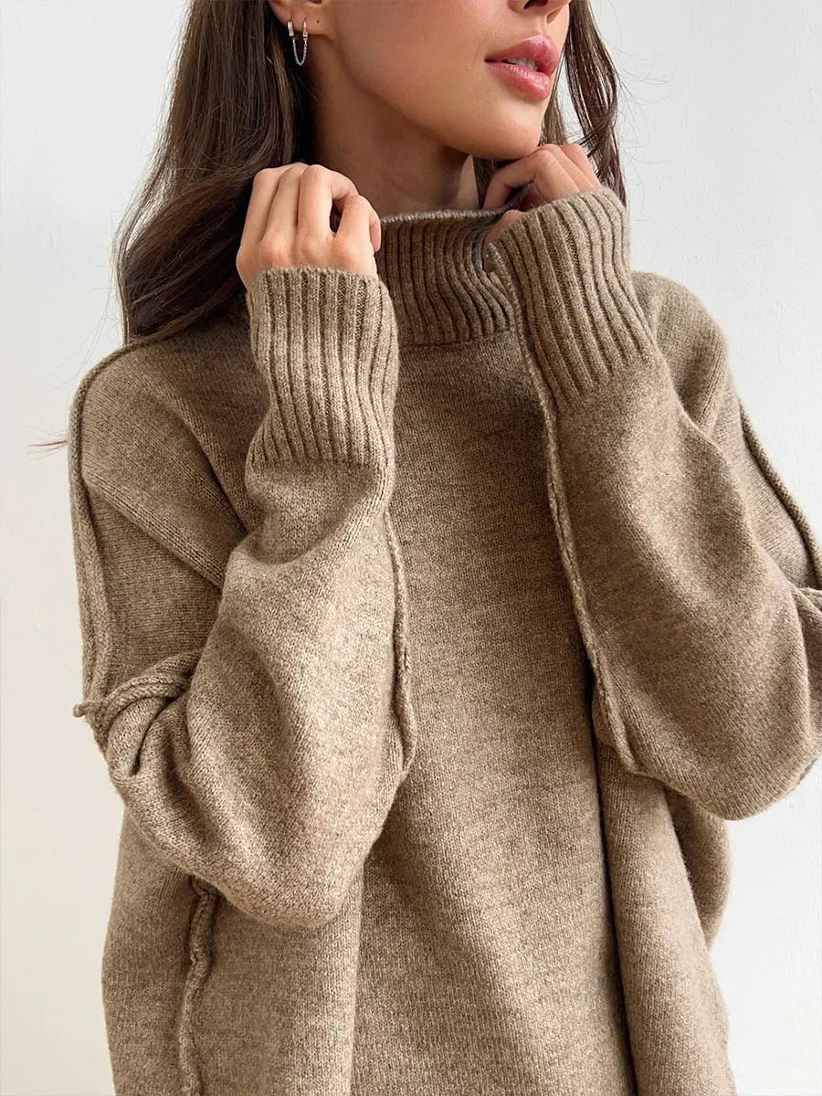 Wide-leg trousers and oversized turtleneck sweater set for women, ideal for casual everyday comfort.