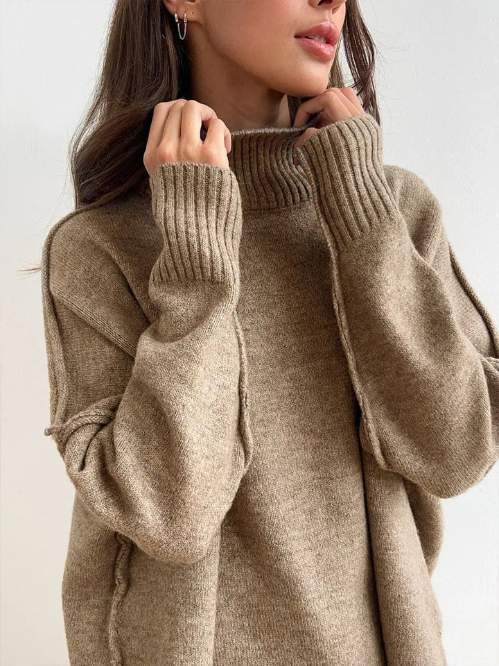 Wide-leg trousers and oversized turtleneck sweater set for women, ideal for casual everyday comfort.