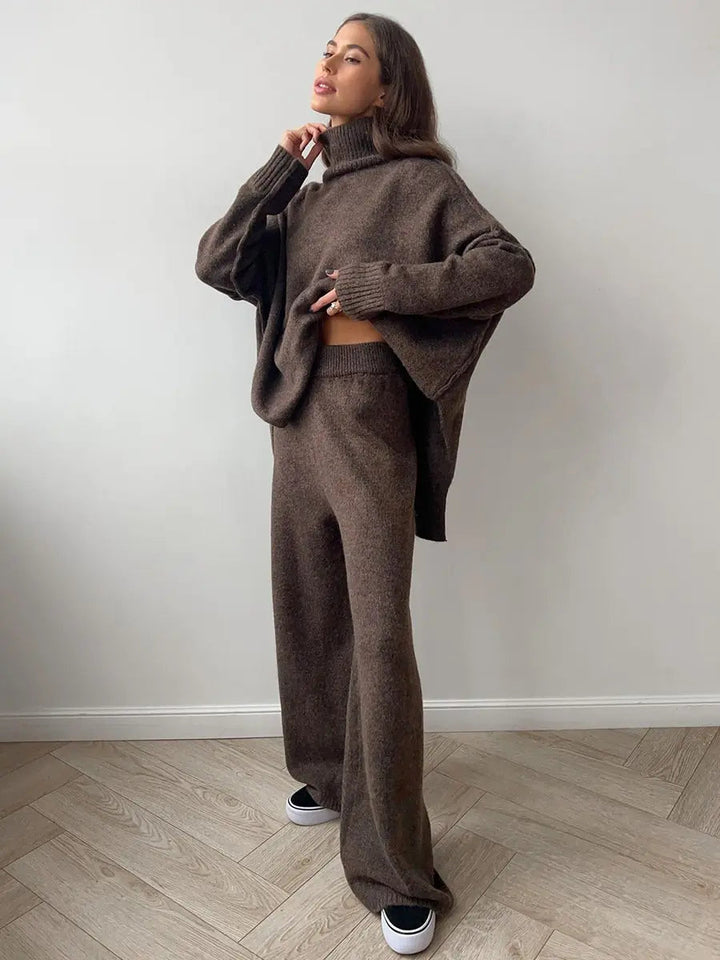 Two-piece women's turtleneck lounge set, featuring an oversized top and wide-leg bottom.
