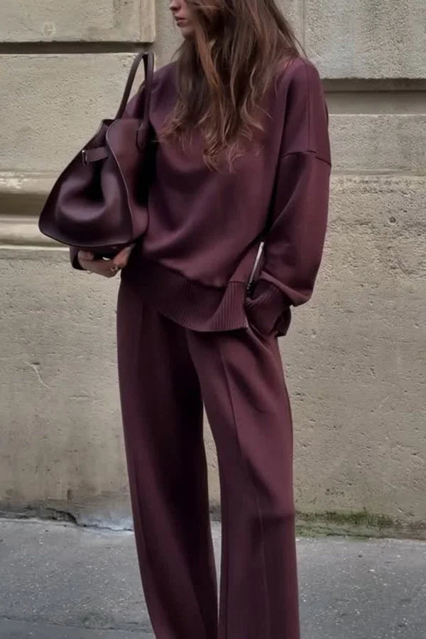 Women's chic turtleneck top & wide-leg pants matching set. Elegant and comfortable two-piece loungewear.