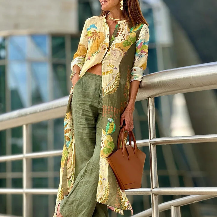 Women's chic two-piece coordinated set with collared shirt & wide leg trousers. Perfect for elegant spring/summer fashion.