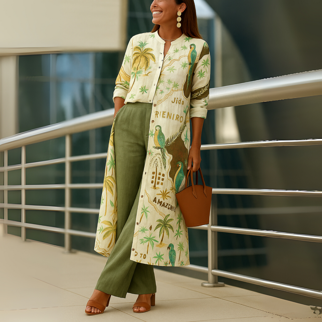 Elegant women's fashion set featuring a chic collared shirt & comfortable wide leg trousers. Ideal for spring outfits.