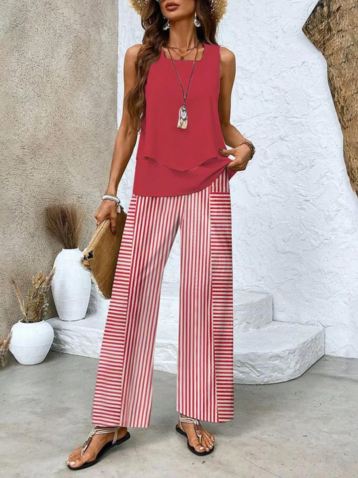Elegant women's two-piece set, including a matching sleeveless top and fashionable printed wide-leg pants for casual wear.