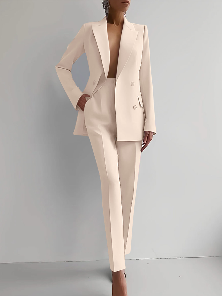 Modern women's two-piece suit with tapered trousers, an elegant co-ord set for versatile fashion.