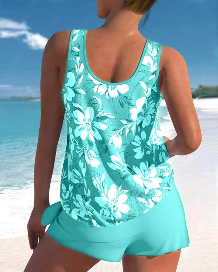 Close-up of a women's chic two-piece tankini swimsuit showing fabric & design for ultimate comfort.